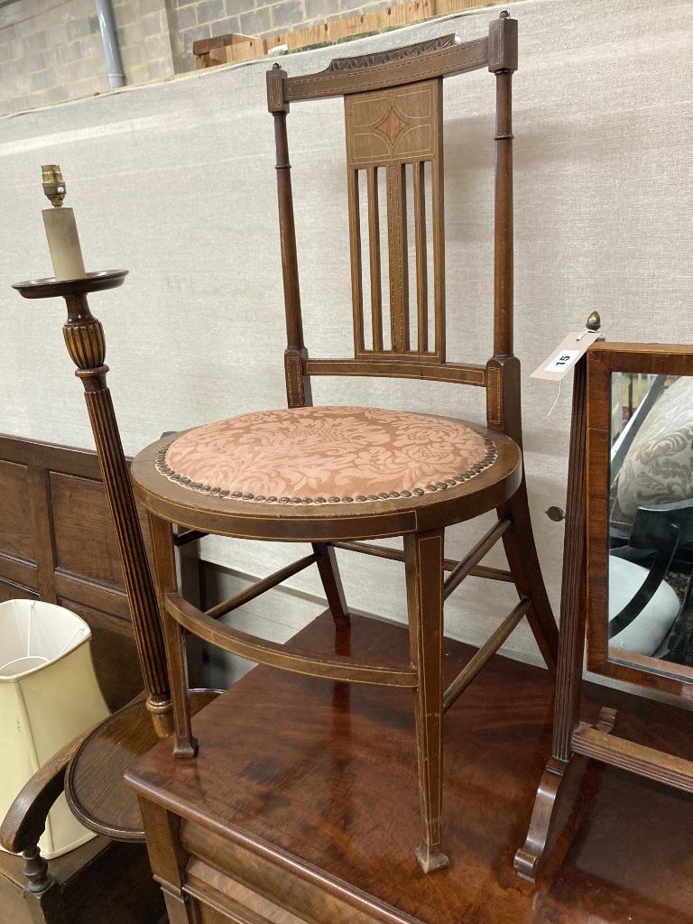 A mahogany skeleton frame toilet mirror, width 56cm, an Edwardian inlaid side chair and a beech standard lamp